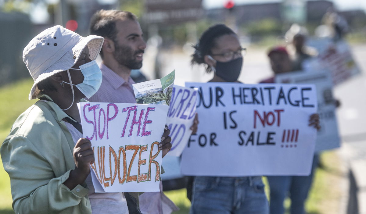 <i>Brenton Geach/Gallo Images/Getty Images</i><br/>Protesters during the Liesbeek Action Campaign on November 2021 in Cape Town