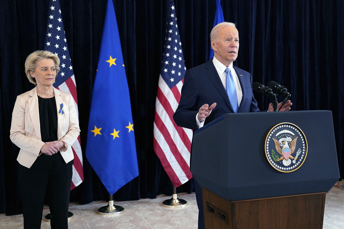 <i>Evan Vucci/AP</i><br/>President Joe Biden and European Commission President Ursula von der Leyen talk to the press about the Russian invasion of Ukraine