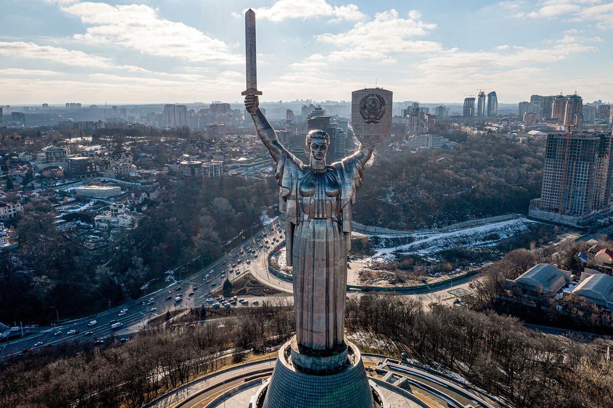 <i>Efrem Lukatsky/AP</i><br/>A view of Ukraine's the Motherland Monument in Kyiv on Feb. 13.