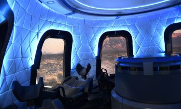 The interior of a Blue Origin capsule on display in December 2021