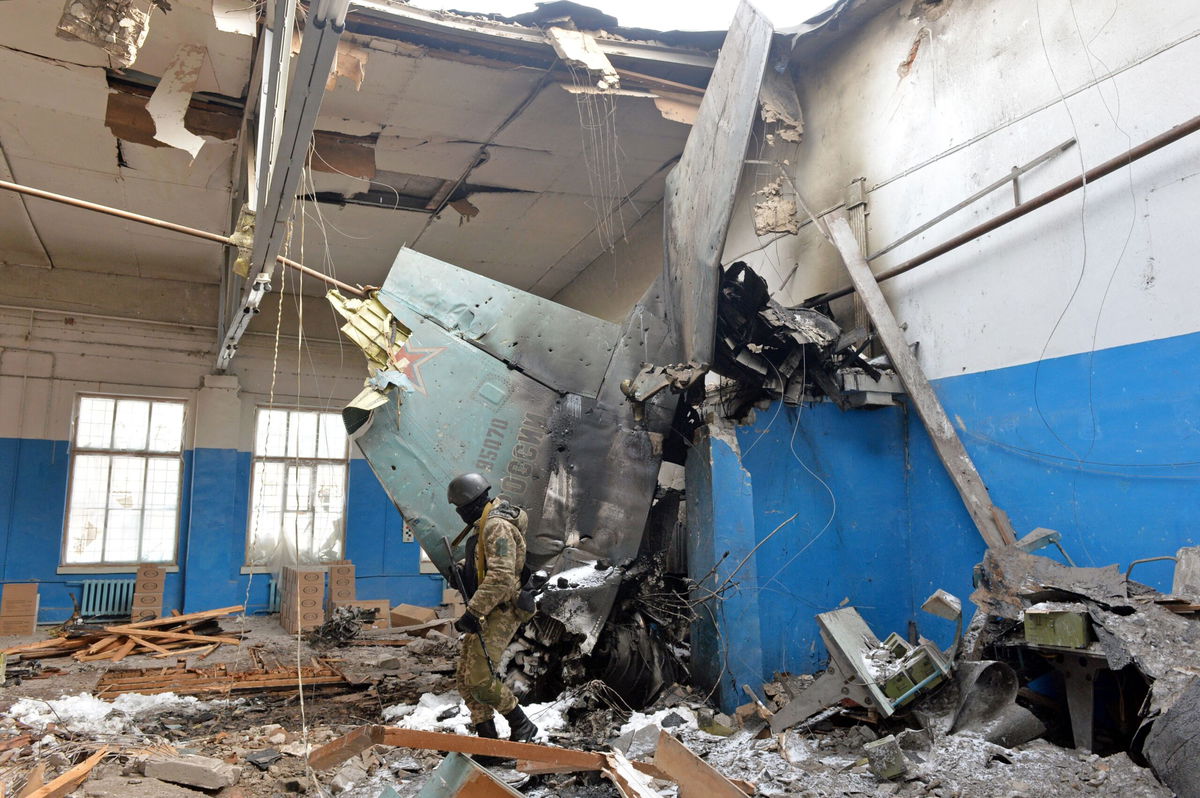 <i>Sergey Bobok/AFP/Getty Images</i><br/>A downed Russian Sukhoi Su-25 assault aircraft pictured in Kharkiv on March 8.