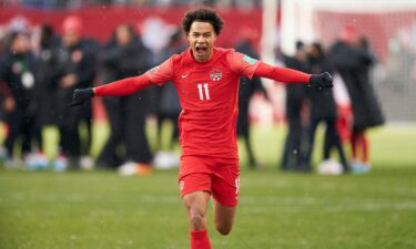 Tajon Buchanan celebrates after Canada defeated Jamaica 4-0 in its World Cup qualifier to secure a place in Qatar.