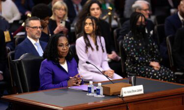 US Supreme Court nominee Judge Ketanji Brown Jackson takes her seat during her confirmation hearing before the Senate Judiciary Committee in the Hart Senate Office Building on Capitol Hill March 21