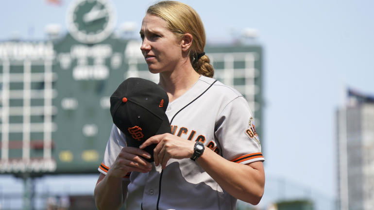 CHICAGO, ILLINOIS - SEPTEMBER 12:  Major League Assistant Coach Alyssa Nakken #92 of the San Francisco Giants stands on the field  prior to a game against the Chicago Cubs at Wrigley Field on September 12, 2021 in Chicago, Illinois. (Photo by Nuccio DiNuzzo/Getty Images)