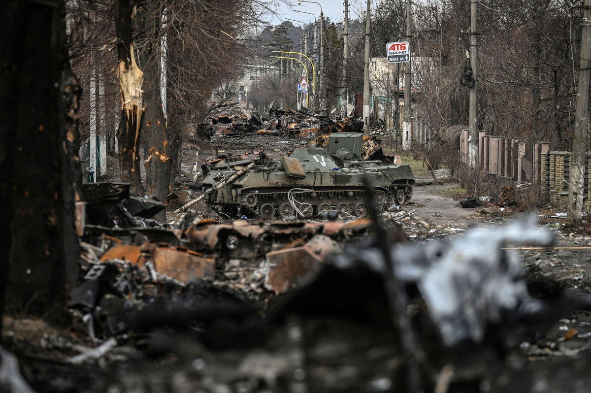 <i>Aris Messinis/AFP/Getty Images</i><br/>This general view shows destroyed Russian armored vehicles in the city of Bucha