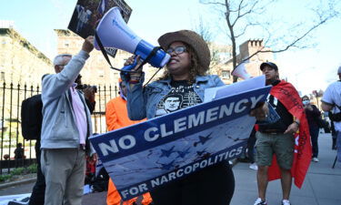 Protesters gather outside the US District Court for the Southern District of New York to call for justice against ex-president Juan Orlando Hernandez of Honduras