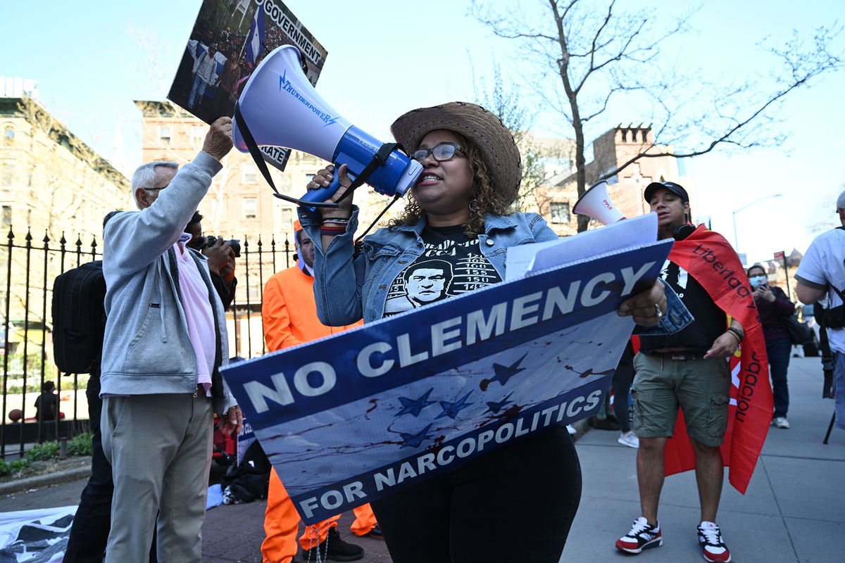 <i>Erik Pendzich/Shutterstock</i><br/>Protesters gather outside the US District Court for the Southern District of New York to call for justice against ex-president Juan Orlando Hernandez of Honduras