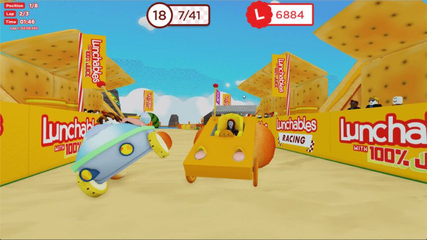 <i>Courtesy Luncheables</i><br/>A Roblox avatar races in a Lunchables kart within the Lunchables Racing game in Roblox.