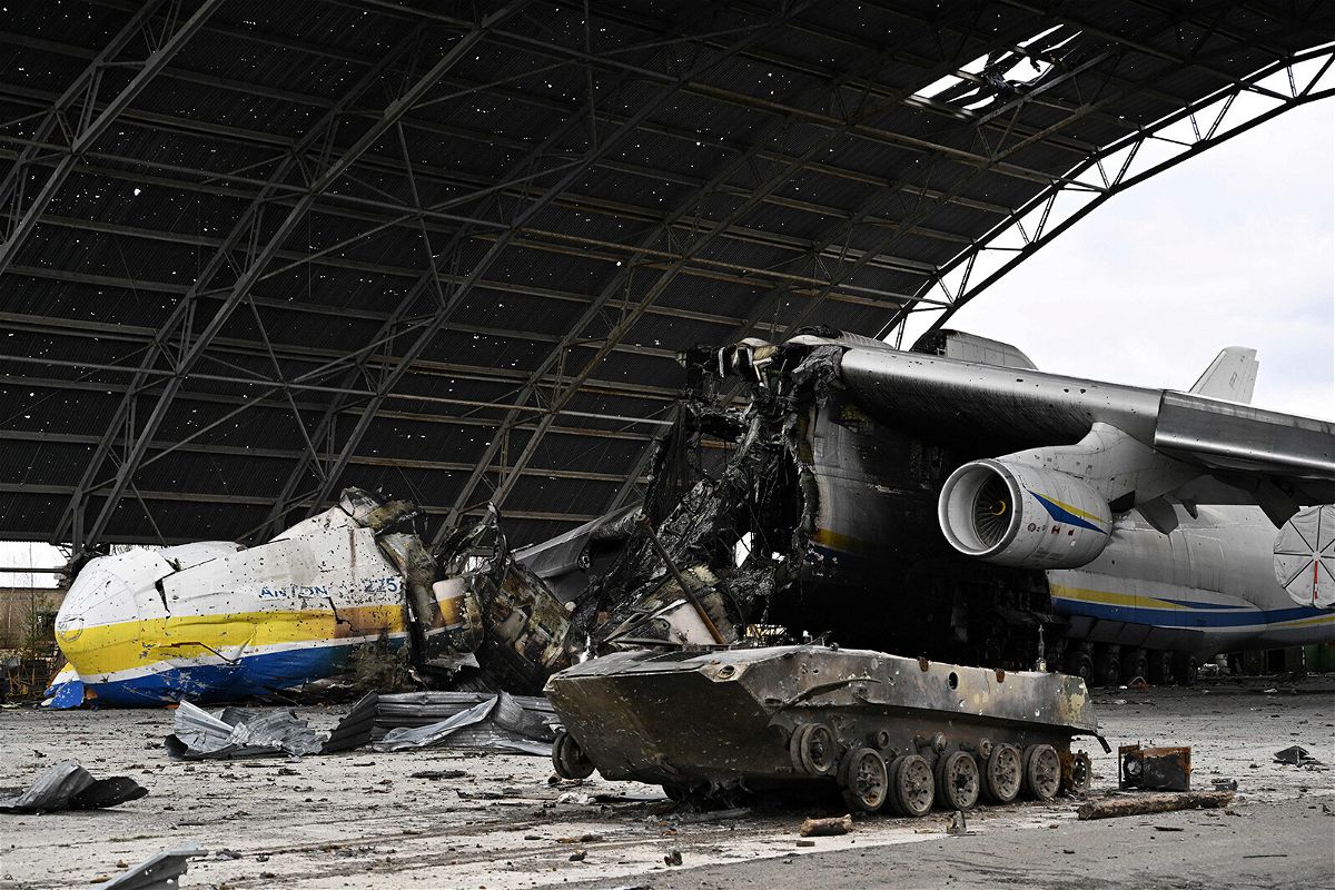 <i>Genya Savilov/AFP/Getty Images</i><br/>The AN-225 sustained major damage during the battle for Hostomel airfield near Kyiv.