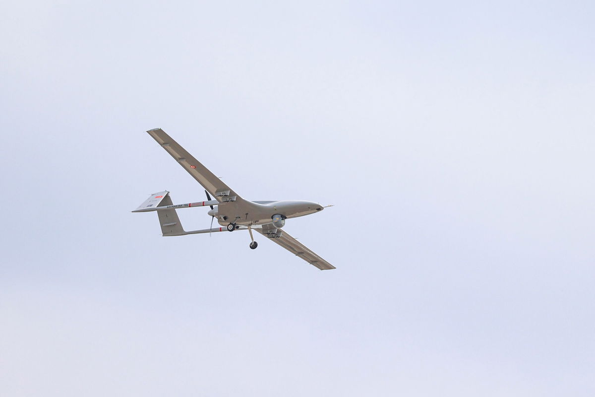 <i>Muhammed Enes Yildirim/Anadolu Agency/Getty Images</i><br/>Bayraktar TB2 drone performs during TEKNOFEST 2021 the Aviation