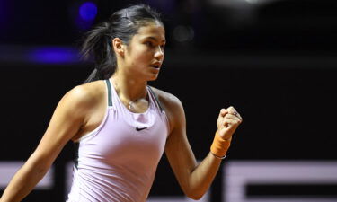 Great Britain's Emma Raducanu reacts during the single's quarter final match against Poland's Iga Swiatek (not in the picture) at the Women's Tennis Grand Prix WTA 500 tournament in Stuttgart