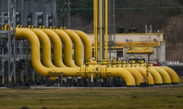 A view of giant tubes part of one of the physical exit points and compressor gas station of the Yamal--Europe gas pipeline on February 19