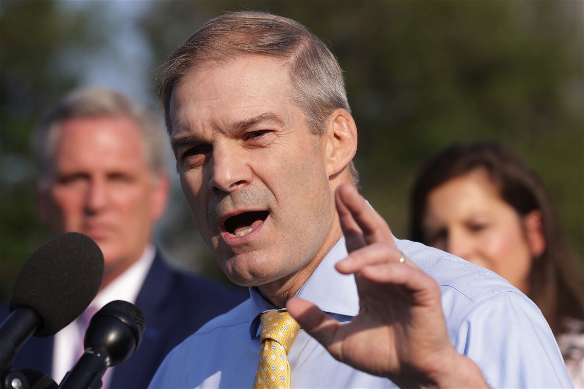 <i>Alex Wong/Getty Images</i><br/>Rep. Jim Jordan (R-OH) speaks during a news conference in front of the US Capitol on July 27