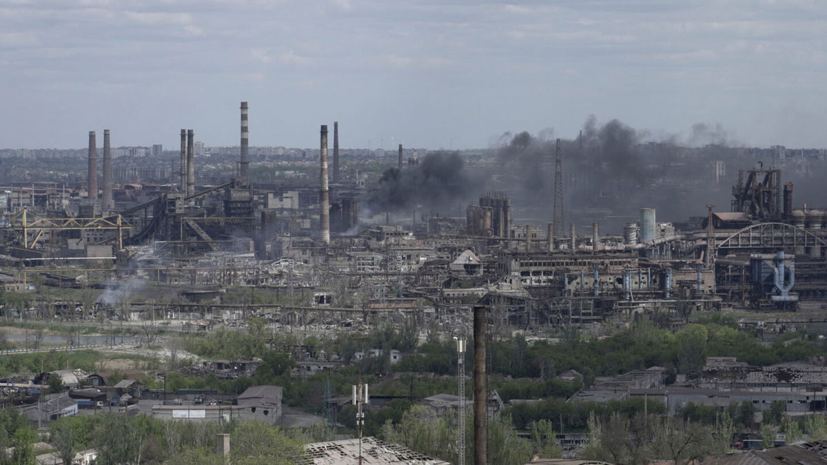 <i>Stringer/AFP/Getty Images</i><br/>A view shows the Azovstal steel plant in the city of Mariupol on May 10