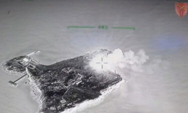 A fire on Snake Island in a drone video on May 8.