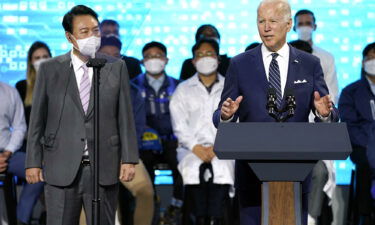 President Joe Biden delivers remarks with South Korean President Yoon Suk Yeol as they visit the Samsung Electronics Pyeongtaek campus