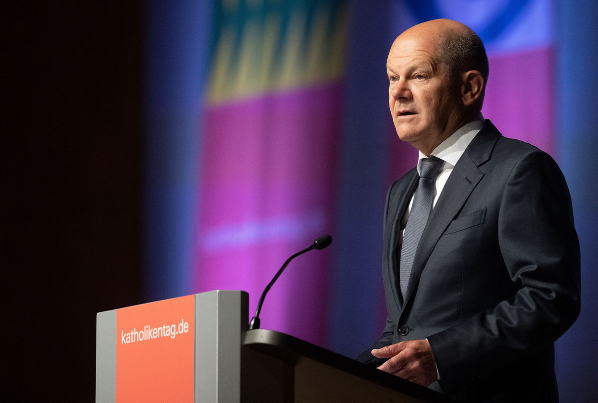 <i>Marijan Murat/dpa/picture alliance/Getty Images</i><br/>German Chancellor Olaf Scholz speaks at the Katholikentag in Stuttgart