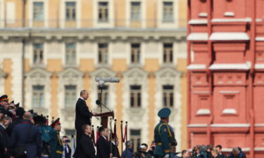 Russian President Vladimir Putin delivers a speech during a military parade on Victory Day