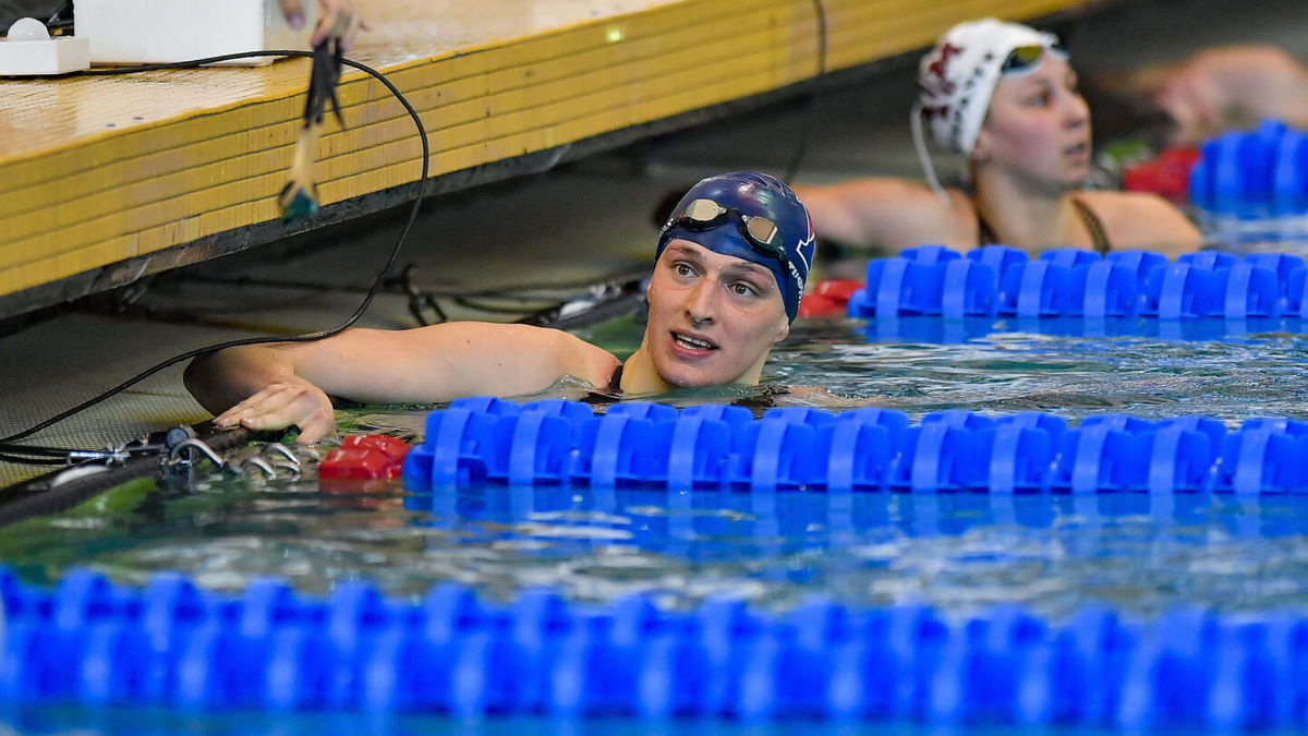 <i>Rich von Biberstein/Icon Sportswire via Getty Images</i><br/>Transgender swimmer Lia Thomas reacts after the 100-yard freestyle prelims at the NCAA Championships on March 19. Thomas said trans women are 