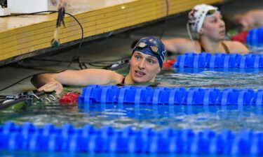 Transgender swimmer Lia Thomas reacts after the 100-yard freestyle prelims at the NCAA Championships on March 19. Thomas said trans women are "not a threat to women's sports" in an interview with ABC on May 31.