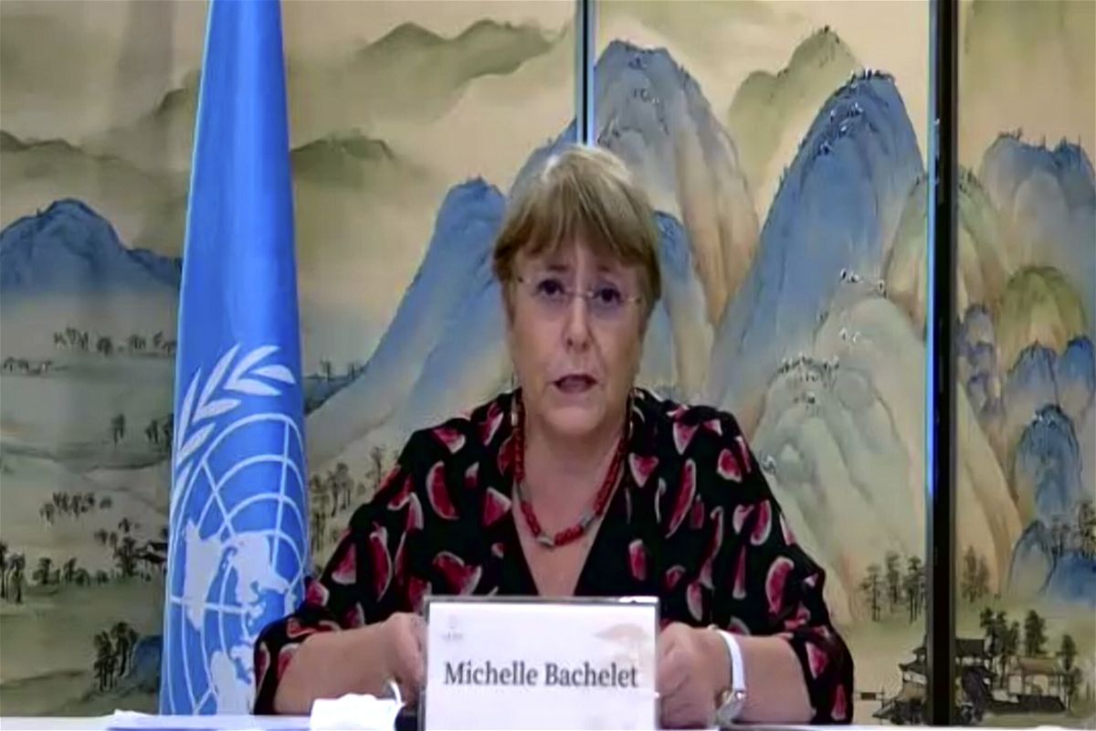 <i>AP</i><br/>United Nations High Commissioner for Human Rights Michelle Bachelet at an online press conference in Guangzhou