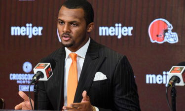 Quarterback Deshaun Watson of the Cleveland Browns speaks during his press conference introducing him to the Cleveland Browns at Cross Country Mortgage Campus on March 25