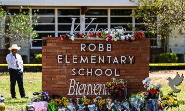 Flowers in front of Robb Elementary School in Uvalde