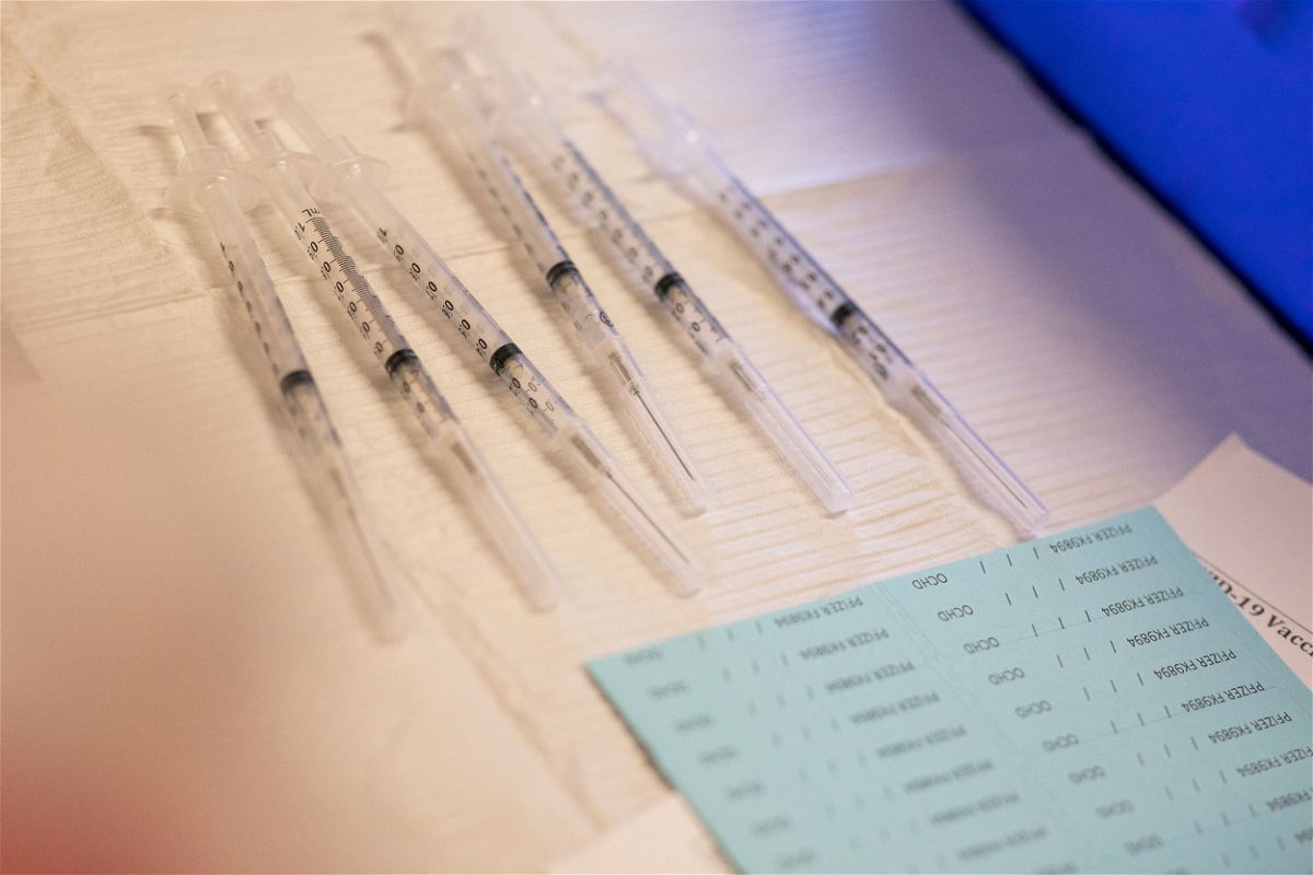 <i>Emily Elconin/Reuters</i><br/>Syringes ready to be administered to residents who are over 50 years old and immunocompromised and are eligible to receive their second booster shots of the coronavirus disease (Covid-19) vaccines are seen in Waterford