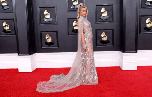 Paris Hilton attends the 64th Annual Grammy Awards in her "Queen of the Metaverse" dress.