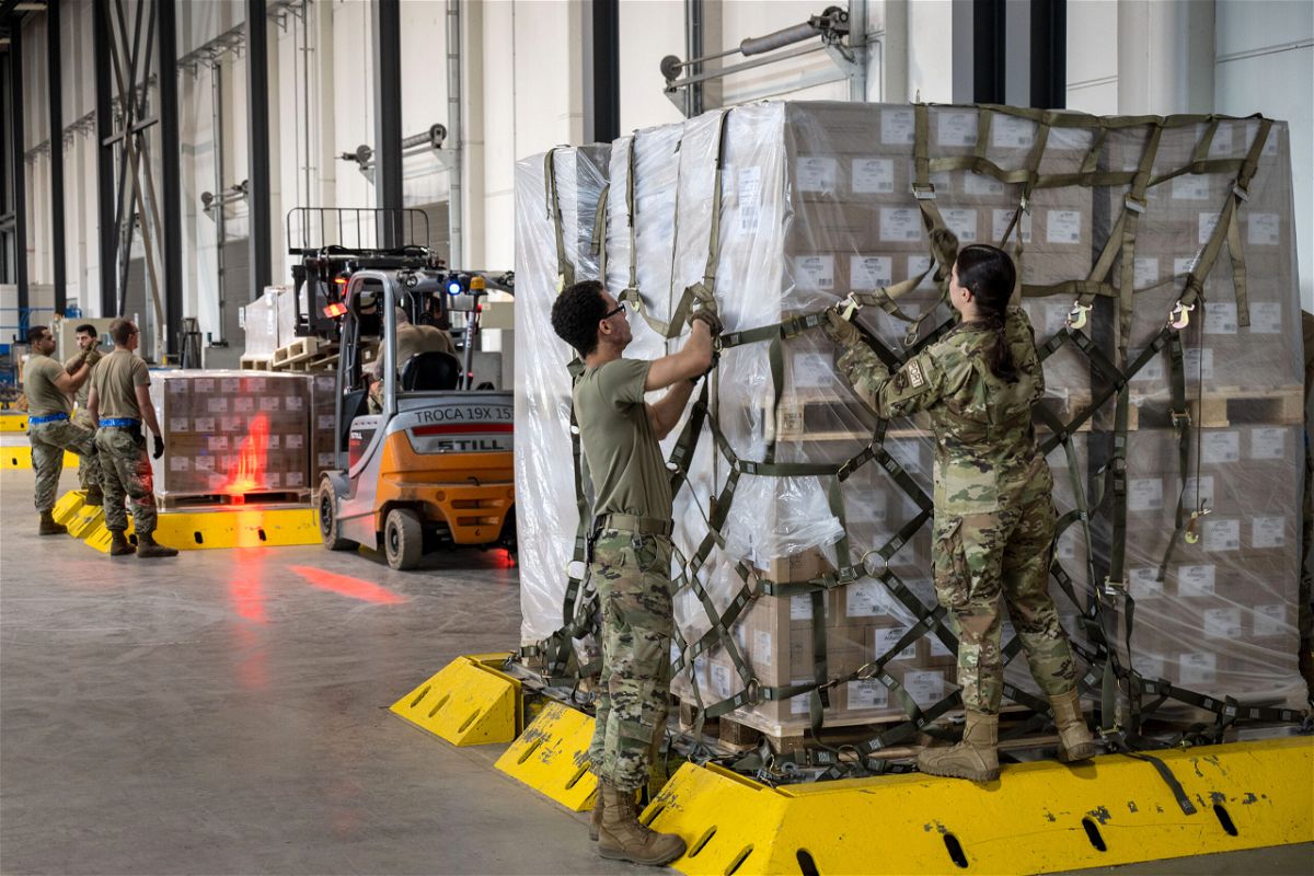 The baby formula arriving on a US military aircraft from Germany will be distributed to areas around the country where there is the most acute need, a Biden administration official told CNN, pictured here, on May 21, in Ramstein-Miesenbach, Germany.