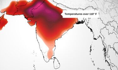 A forecast map shows most of India will endure high temperatures Friday: over 32 degrees C/90 degrees F (in orange hues); over 38 degrees C/100 degrees F (in reds); or over 43 degrees C/110 degrees F (in pinks).