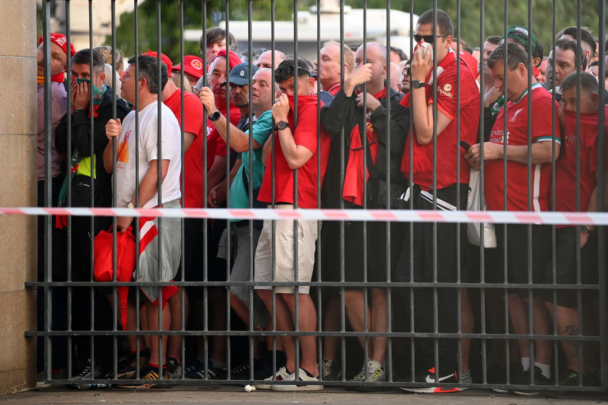 <i>Matthias Hangst/Getty Images Europe/Getty Images</i><br/>Liverpool fans are seen queuing outside the stadium prior to the UEFA Champions League final.