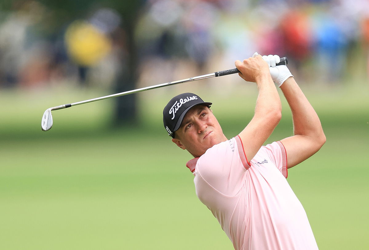 <i>David Cannon/Getty Images</i><br/>Thomas plays his second shot on the second hole during the final round of the 2022 PGA Championship.