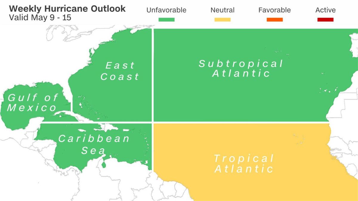 <i>CNN Weather</i><br/>Locations in yellow is where conditions are most favoarble for tropical development.