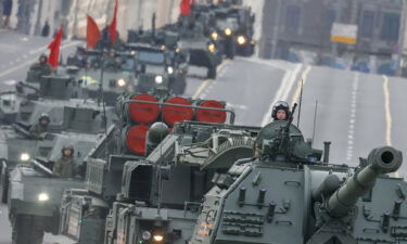 Russian military vehicles at a parade rehearsal on April 28.