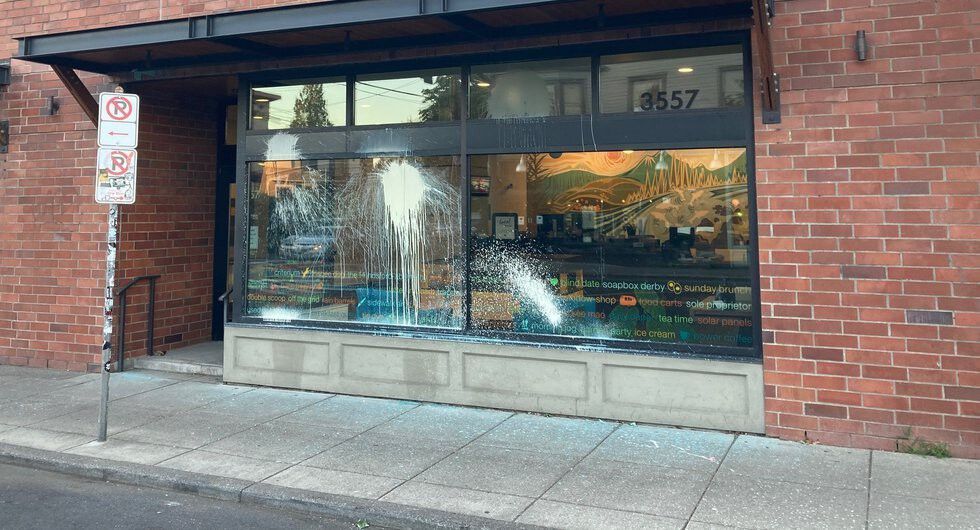 <i>Portland Police Bureau/KPTV</i><br/>Several businesses and a patrol vehicle were damaged Sunday night during a march in southeast Portland.