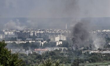 Smoke and dirt rise from the city of Severodonetsk on June 17.