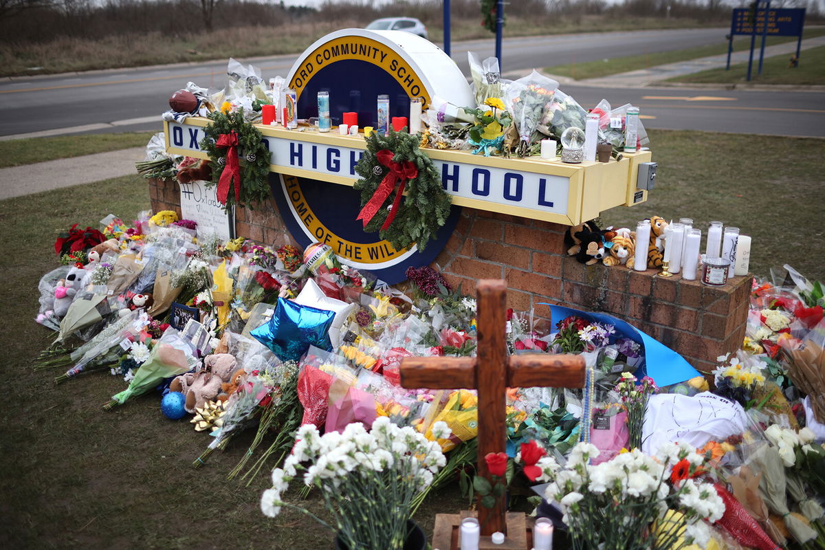 <i>Scott Olson/Getty Images</i><br/>A memorial outside Oxford High School last year to the shooting victims killed on November 30