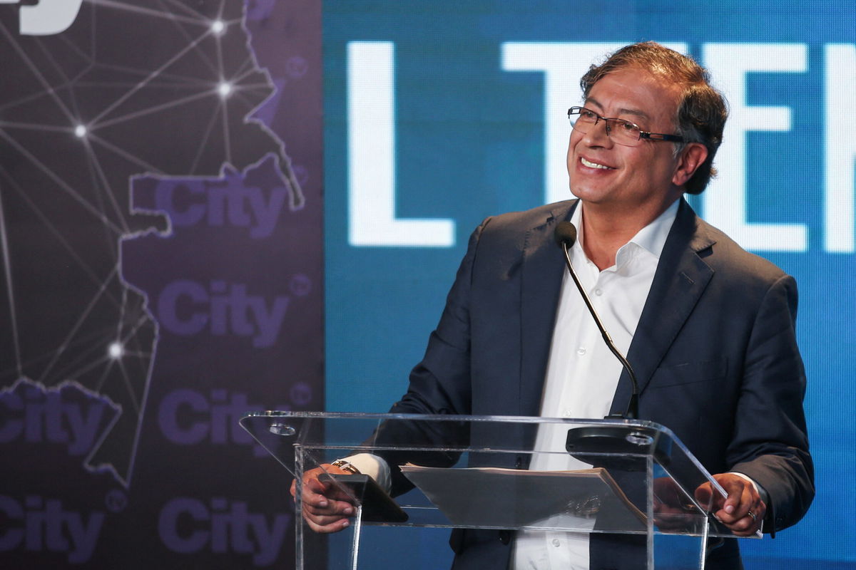 <i>Luisa Gonzalez/Reuters</i><br/>Gustavo Petro speaks at an election debate in Bogota on May 23.