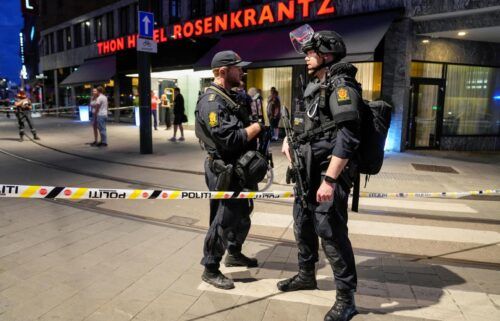 Security forces at the site of a shooting outside the London Pub in central Oslo