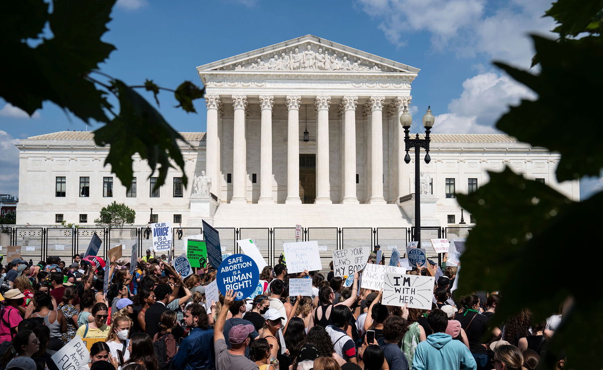 <i>Sarah Silbiger for CNN</i><br/>Abortion rights activists gather for a demonstration after the Supreme Court decision to overturn Roe v. Wade outside of the U.S. Supreme Court in Washington