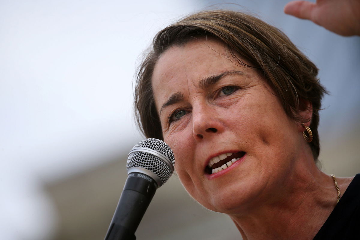 <i>Craig F. Walker/The Boston Globe/Getty Images</i><br/>Attorney General Maura Healey addresses a crowd on May 16.