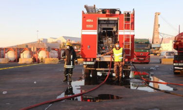 Emergency response teams respond to the toxic gas leak at the port of Aqaba in Jordan on June 27.