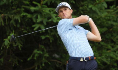 Will Zalatoris plays his shot from the 18th tee.