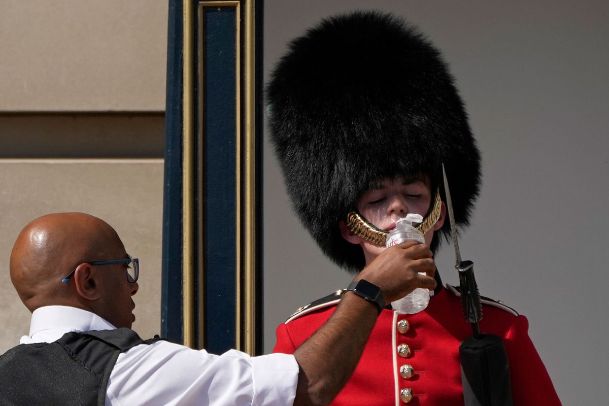 <i>Matt Dunham/AP</i><br/>A police officer givers water to a British soldier wearing a traditional bearskin hat