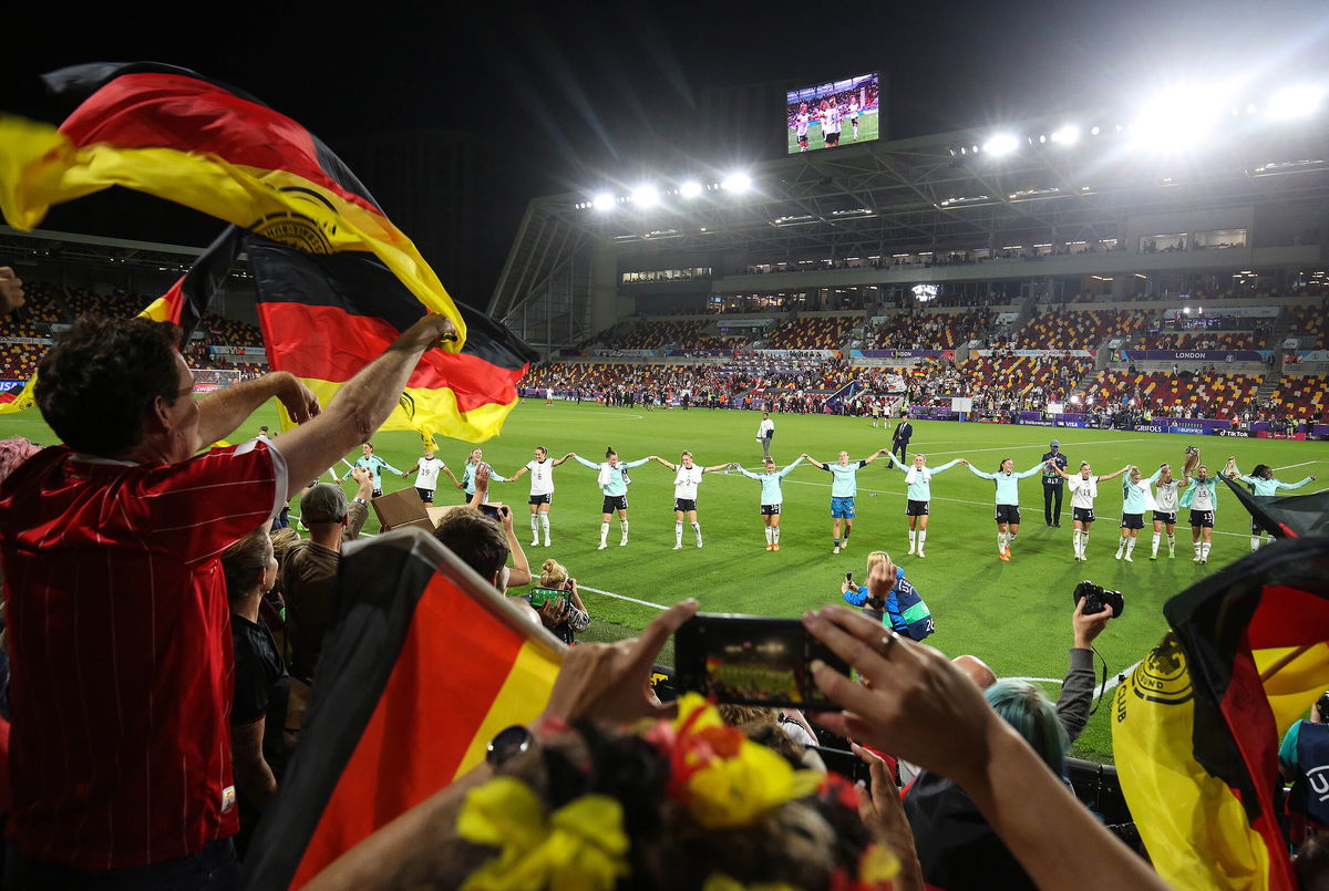 <i>Charlotte Wilson/Offside/Getty Images</i><br/>Germany celebrates reaching the semifinals.