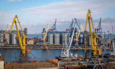 Storage silos and shipping cranes at the Port of Odesa in Odesa