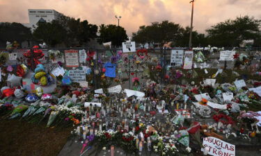 A makeshift memorial is seen outside Marjory Stoneman Douglas High School in February 2018. According to testimony in the penalty phase of his trial