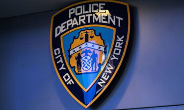 New York City Police Department logo is seen at the precinct in Times Square on December 15