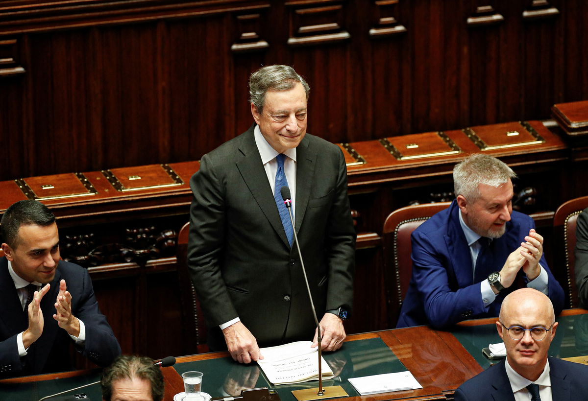 <i>Remo Casilli/Reuters</i><br/>Italy's Prime Minister Mario Draghi addresses to the lower house of parliament ahead of a vote of confidence in Rome on June 20.